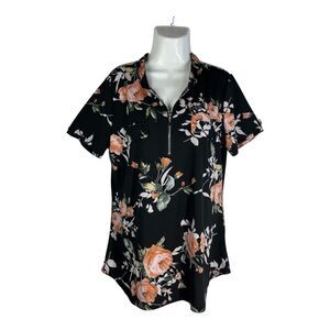Ninedaily Women’s XL Blouse Black Floral Short Sleeve Zipper Front Stretch Top